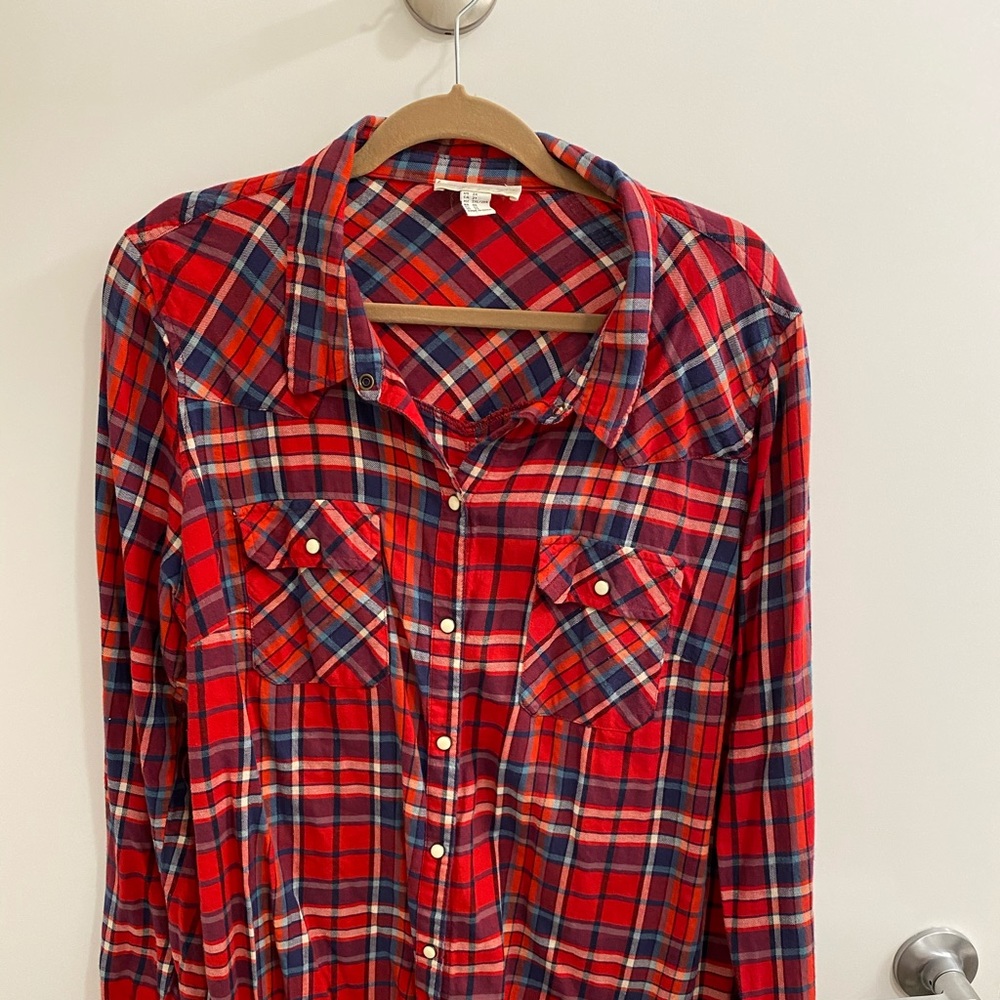 Forever 21+ Plaid flannel, snap front closure.